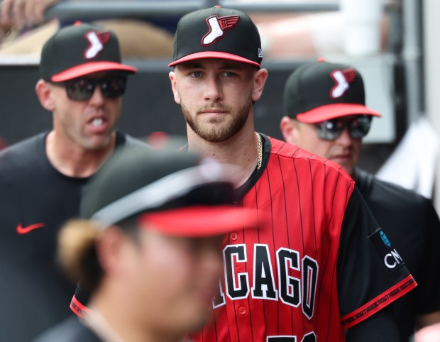 White Sox starter Sean Burke enters the dugout after throwing against the Dodgers in the first inning on June 13, 2026, at Rate Field. (John J. Kim/Chicago Tribune)