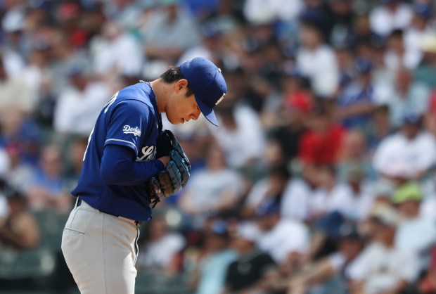 Dodgers starter Yoshinobu Yamamoto prepares for his next pitch in the fourth inning against the White Sox on June 13, 2026, at Rate Field. (John J. Kim/Chicago Tribune)