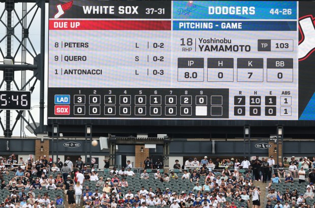 A video board displays Dodgers starter Yoshinobu Yamamoto's stats for the game against the White Sox in the ninth inning on June 13, 2026, at Rate Field. Yamamoto tossed a no-hitter into the ninth inning before giving up a home run to Tristan Peters. (John J. Kim/Chicago Tribune)