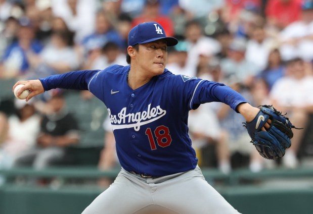 Dodgers starting pitcher Yoshinobu Yamamoto throws against the White Sox in the ninth inning at Rate Field on June 13, 2026, in Chicago. (John J. Kim/Chicago Tribune)