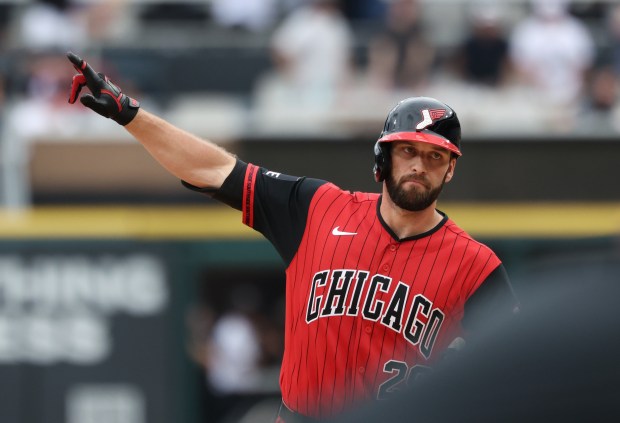 White Sox center fielder Tristan Peters rounds the bases after hitting a home run in the ninth inning off Dodgers starter Yoshinobu Yamamoto on June 13, 2026, at Rate Field. Yamamoto was pitching a no-hitter until he gave up the home run. (John J. Kim/Chicago Tribune)