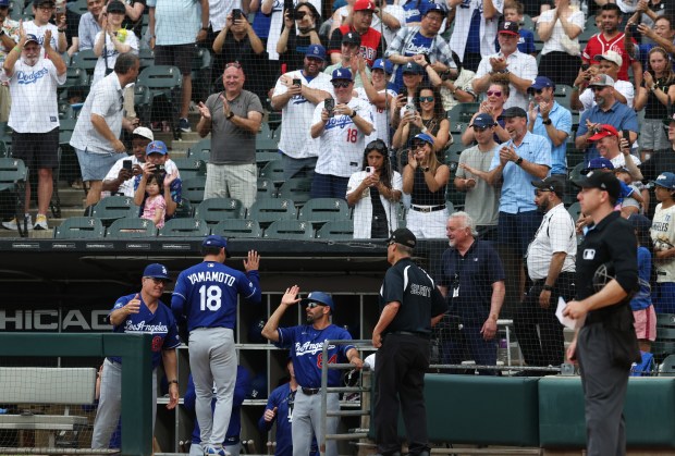 Dodgers starter Yoshinobu Yamamoto heads to the dugout after being taken out of the game in the ninth inning against the White Sox on June 13, 2026, at Rate Field. (John J. Kim/Chicago Tribune)