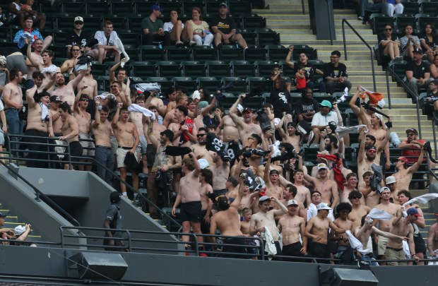 Fans participating in the "tarps off" trend cheer in the upper deck in the ninth inning of a White Sox-Dodgers game on June 13, 2026, at Rate Field. (John J. Kim/Chicago Tribune)