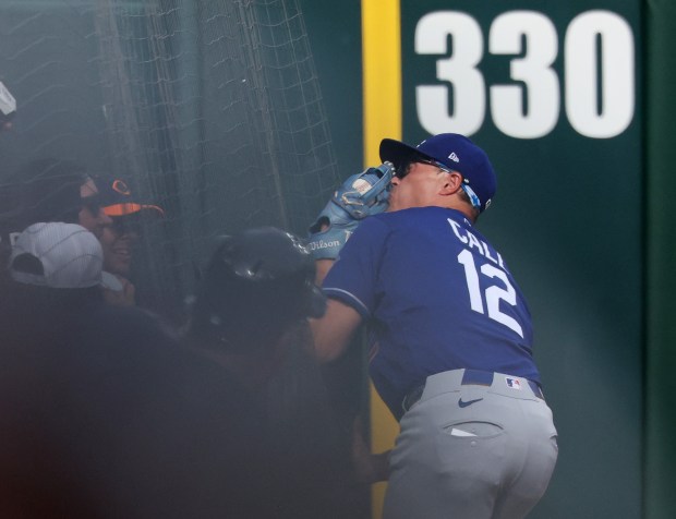 Dodgers left fielder Alex Call runs into the safety netting and his glove after catching a fly ball hit by White Sox catcher Edgar Quero for an out in the sixth inning on June 13, 2026, at Rate Field. (John J. Kim/Chicago Tribune)