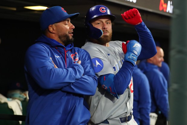 Cubs first baseman Michael Busch, right, celebrates after hitting a three-run home run in the fifth inning against the Giants on Friday, June 12, 2026, in San Francisco, Calif. (Scott Marshall/AP)