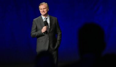 Christopher Nolan, director of the upcoming film "The Odyssey," speaks during the Universal Pictures and Focus Features presentation at CinemaCon on Wednesday, April 15, 2026, at Caesars Palace in Las Vegas. (AP Photo/Chris Pizzello)
