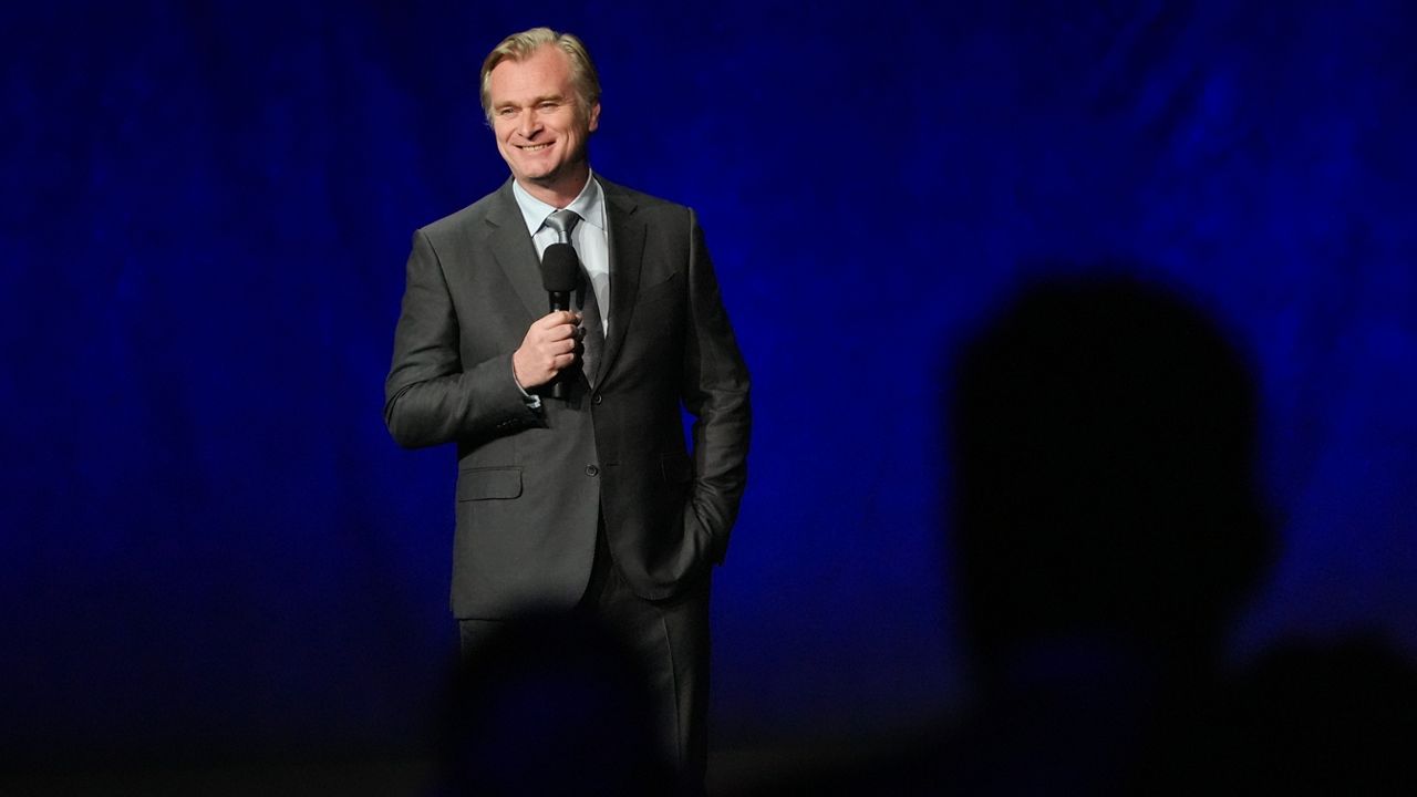 Christopher Nolan, director of the upcoming film "The Odyssey," speaks during the Universal Pictures and Focus Features presentation at CinemaCon on Wednesday, April 15, 2026, at Caesars Palace in Las Vegas. (AP Photo/Chris Pizzello)