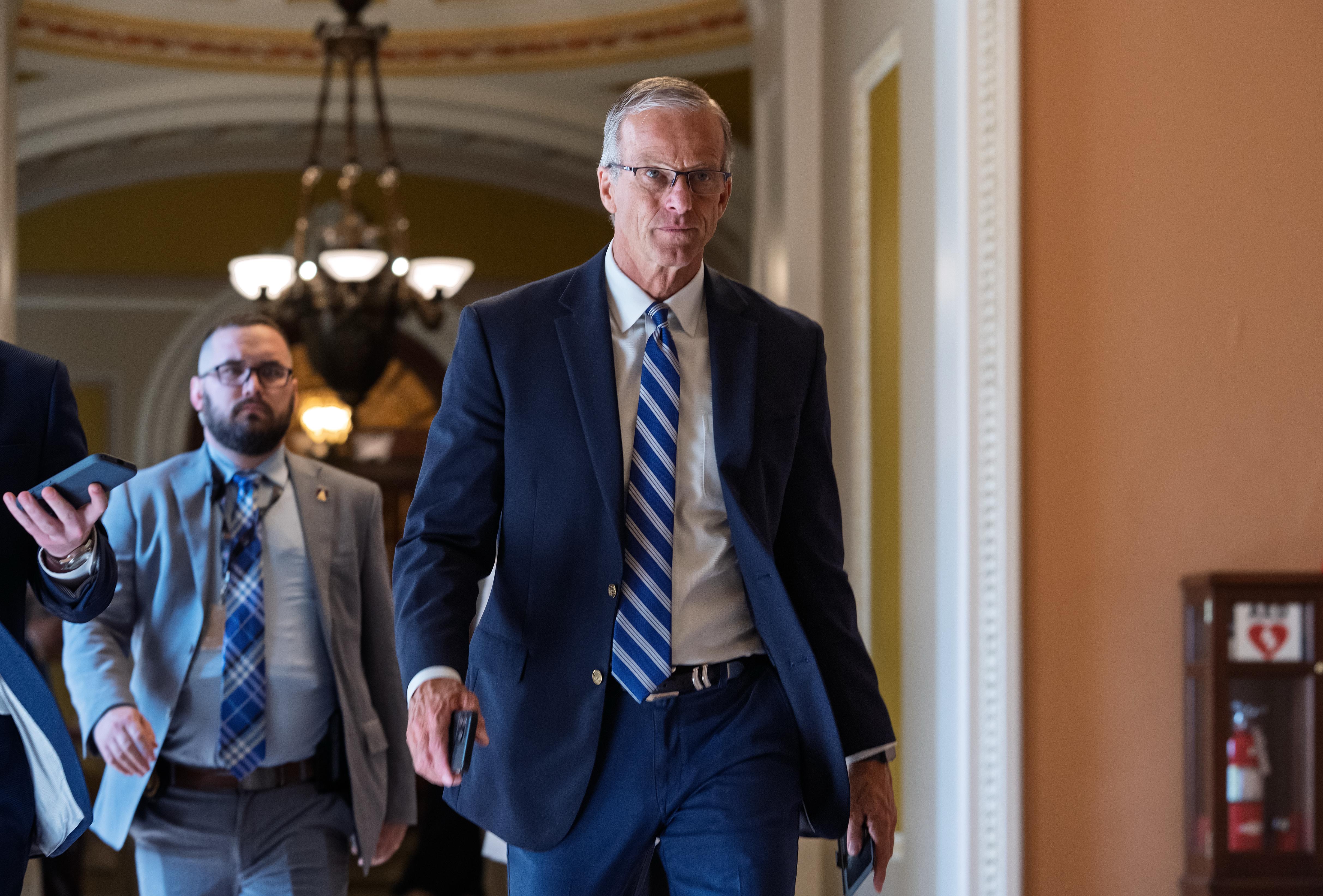 Senate Majority Leader John Thune, R-S.D., walks from the chamber to his office.