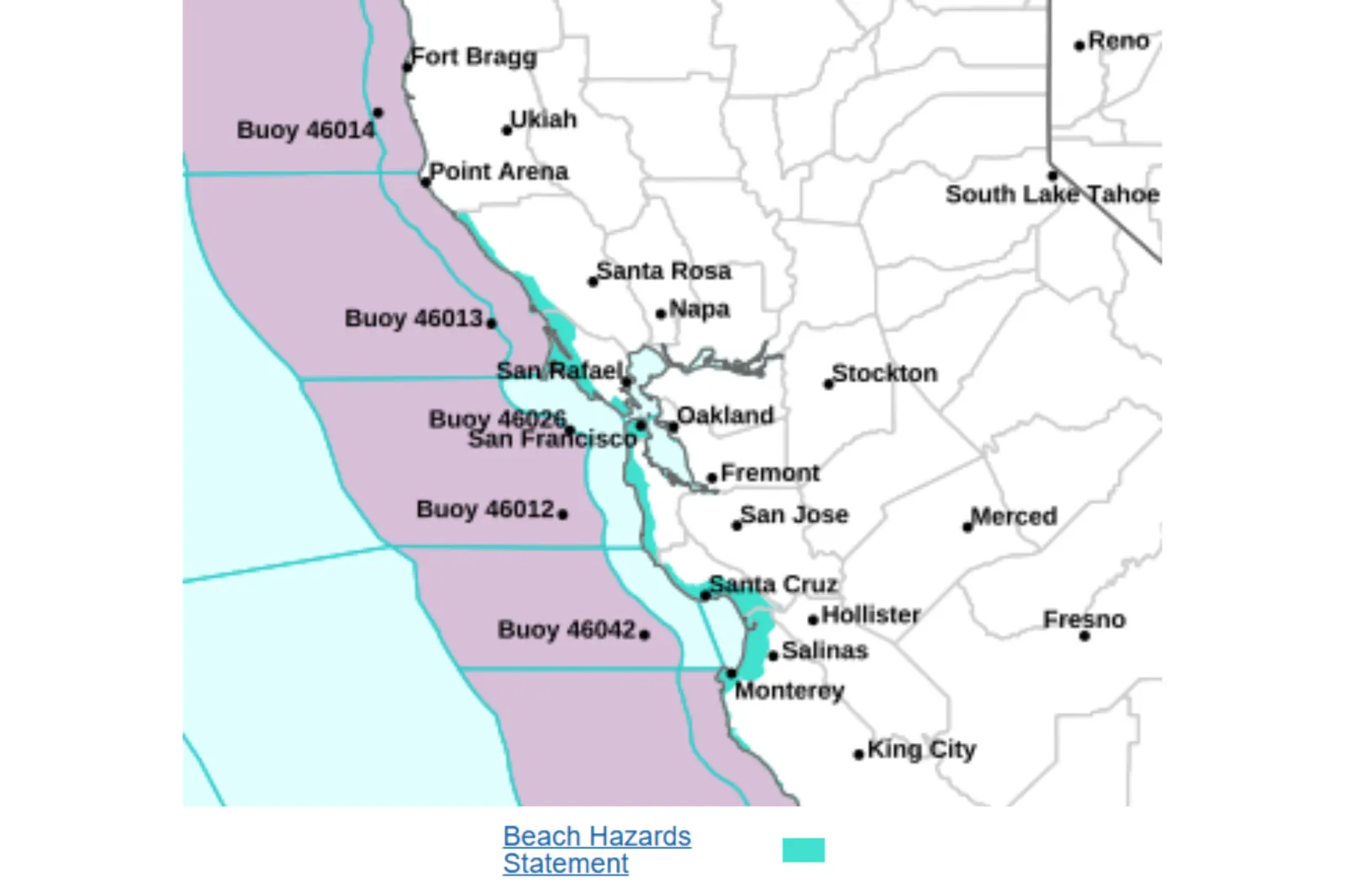 Map showing areas under a beach hazard warning in California through Monday, into Tuesday morning | NWS