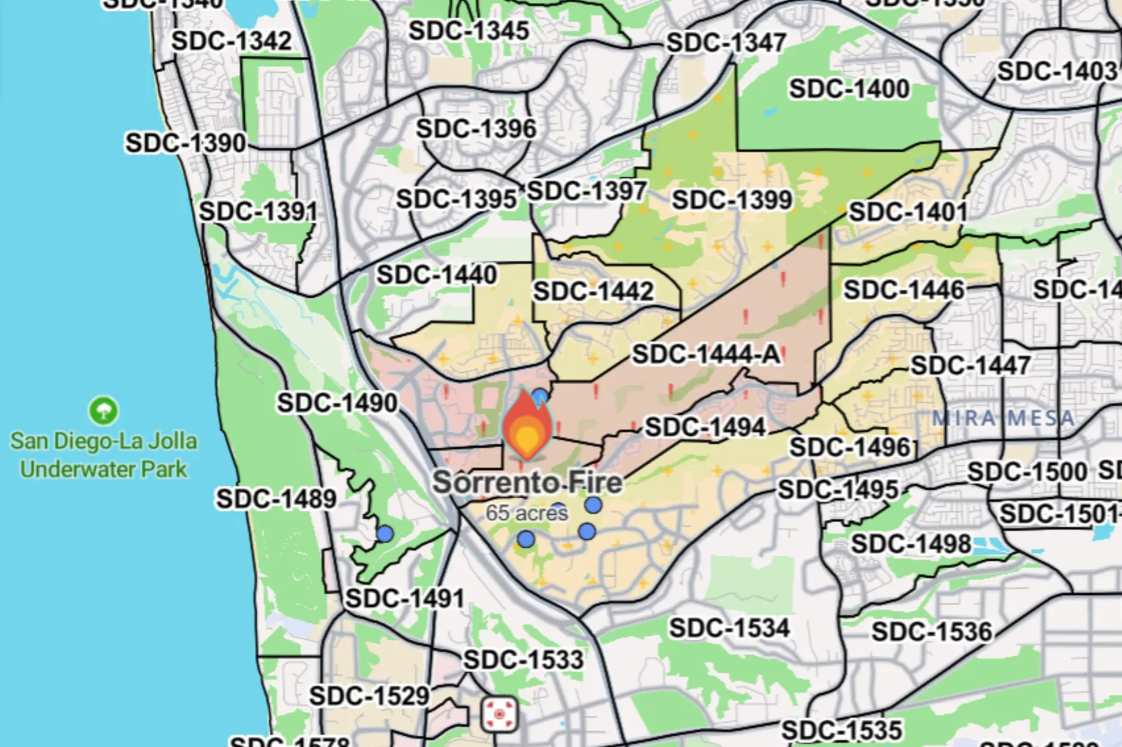 A map from Watch Duty shows mandatory evacuations for the Sorrento Fire near San Diego.