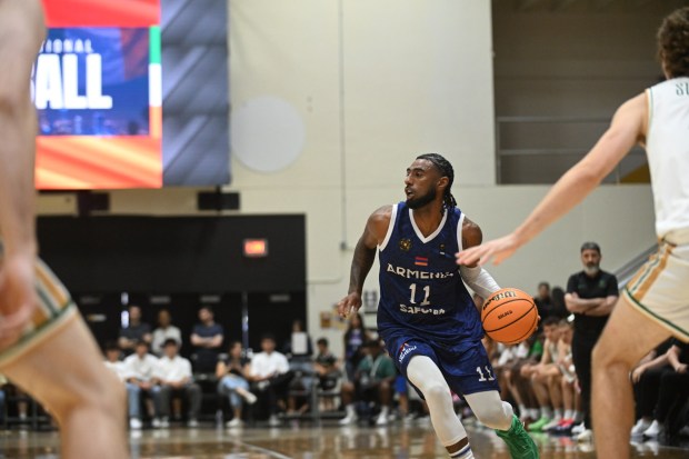 Armenia guard Andre Spight-Mkrtchyan (center) scans the floor against Ireland during the Los Angeles International Classic at Cal State Los Angeles on Saturday, June 27, 2026.