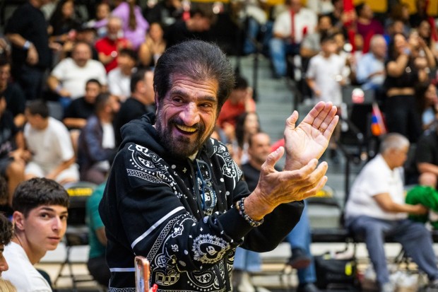 Harout Pamboukhian cheers during a FIBA friendly between Ireland and Armenia at Cal State LA on June 27, 2026.