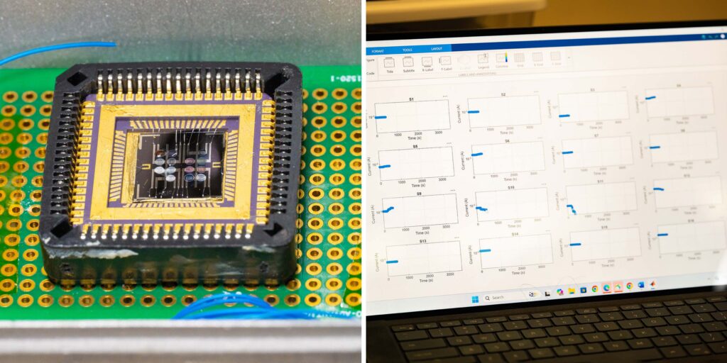 On the left is a close-up of a complex electronic chip. In the center of the chip is an array of 16 semi-transparent circles. On the right is a photo of a computer screen showing 16 different graphs.