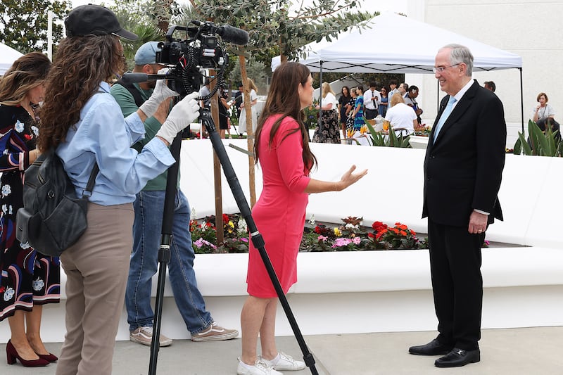 Elder Neil L. Andersen is interviewed in front of the San Diego California Temple during media day on Monday, June 15, 2026.
