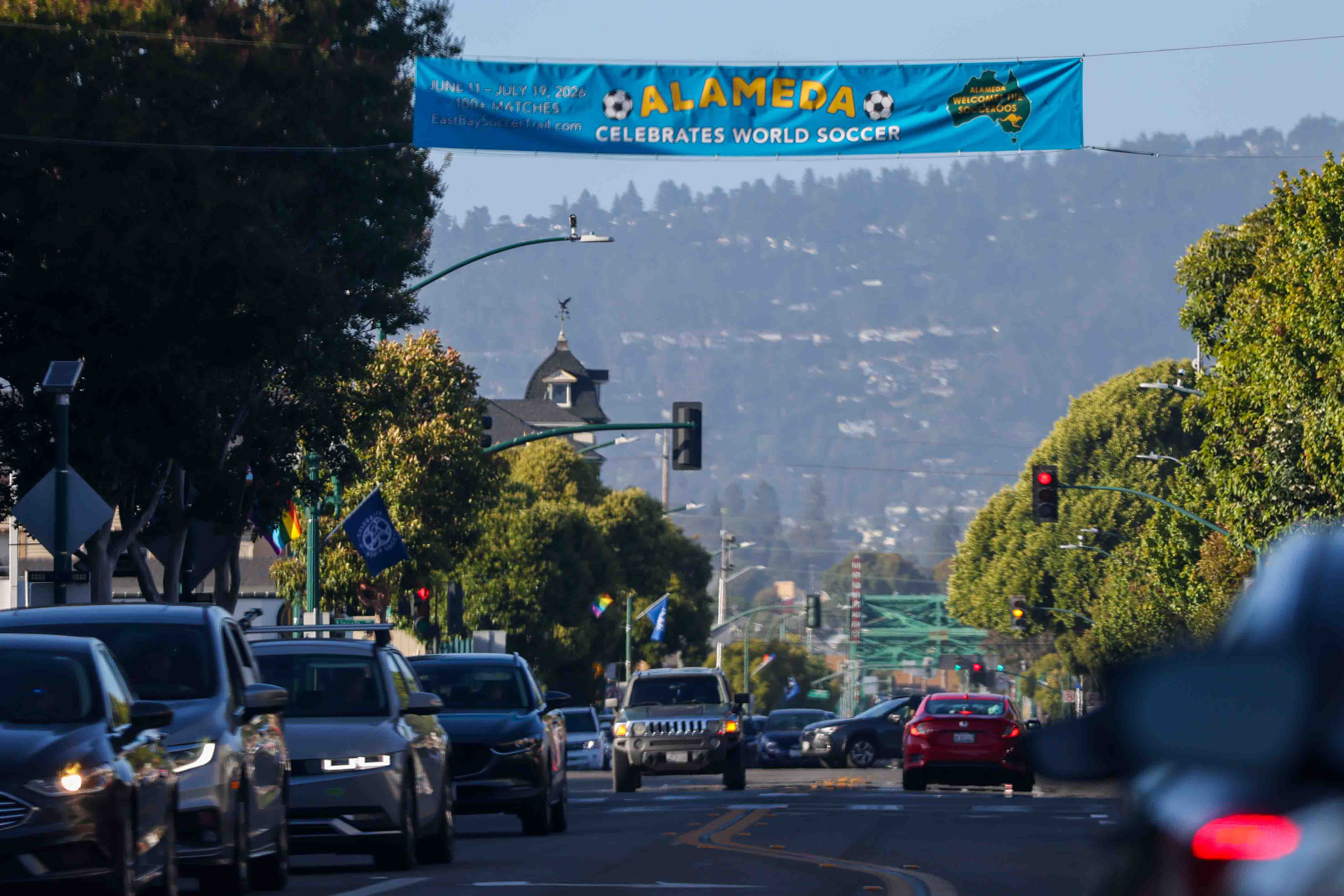 Banners and flags welcoming the Australian national soccer team, the...