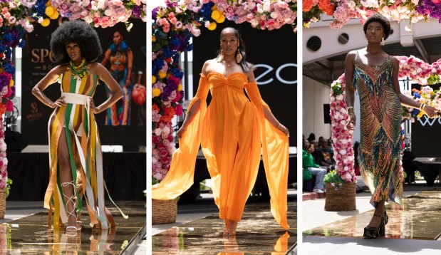 Models wearing outfits from, left-right, Spoiled Boutique, Nikki Designs and Nikki Designs walk the runway during a Bay Area Black Fashion Expo show to celebrate Juneteenth, Friday, June 19, 2026 in Emeryville, Calif. (D. Ross Cameron for the Bay Area News Group)