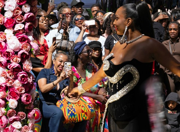 A model wearing clothing from Audrey B Designs walks the runway during a Bay Area Black Fashion Expo show to celebrate Juneteenth, Friday, June 19, 2026 in Emeryville, Calif. (D. Ross Cameron for the Bay Area News Group)