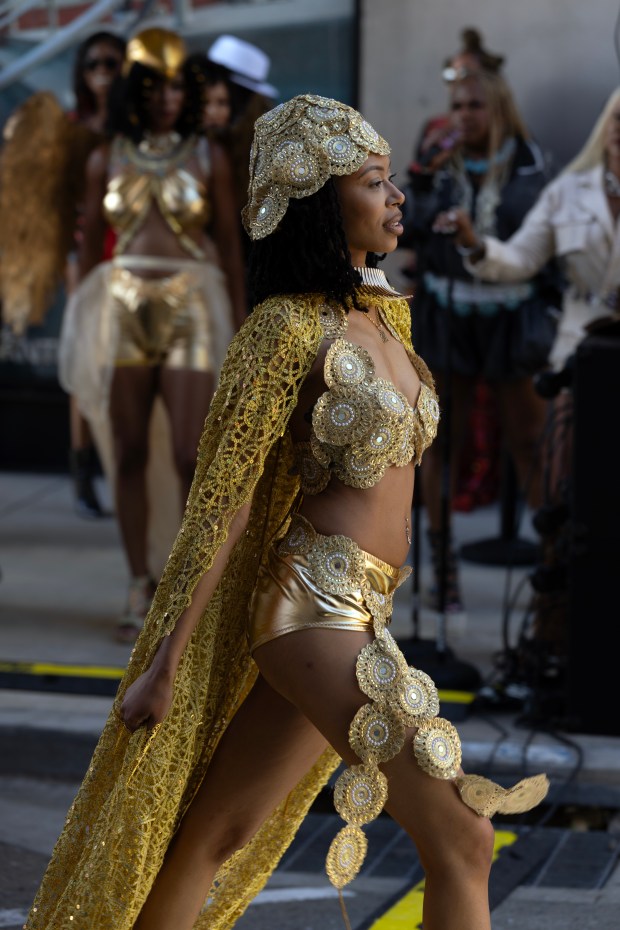 A model wearing clothing from James Head Design walks the runway during a Bay Area Black Fashion Expo show to celebrate Juneteenth, Friday, June 19, 2026 in Emeryville, Calif. (D. Ross Cameron for the Bay Area News Group)