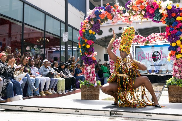 A model wearing a design from Brick House Accessories walks the runway during a Bay Area Black Fashion Expo show to celebrate Juneteenth, Friday, June 19, 2026 in Emeryville, Calif. (D. Ross Cameron for the Bay Area News Group)