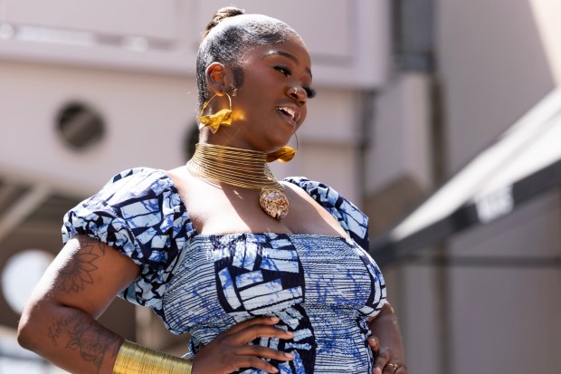 A model wearing a design from Brick House Accessories walks the runway during a Bay Area Black Fashion Expo show to celebrate Juneteenth, Friday, June 19, 2026 in Emeryville, Calif. (D. Ross Cameron for the Bay Area News Group)