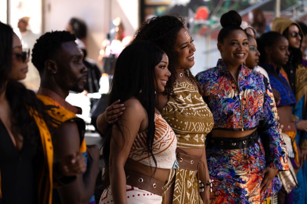 Models wearing clothing from DA+AF show off their line after walking the runway during a Bay Area Black Fashion Expo show to celebrate Juneteenth, Friday, June 19, 2026 in Emeryville, Calif. (D. Ross Cameron for the Bay Area News Group)