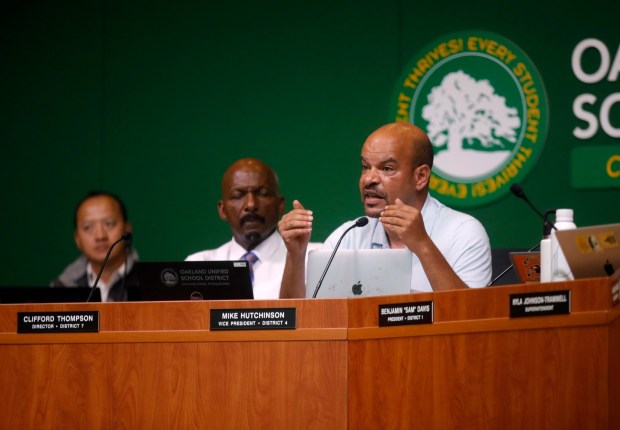 Oakland Unified School District District 4 Vice President Mike Hutchinson speaks during the OUSD board meeting at the La Escuelita Education Center in Oakland, Calif., on Wednesday, Aug. 28, 2024. The district recently announced that it had found high levels of lead in 200 of its water fixtures across the city's schools. (Jane Tyska/Bay Area News Group)