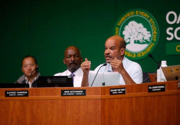Oakland Unified School District District 4 Vice President Mike Hutchinson speaks during the OUSD board meeting at the La Escuelita Education Center in Oakland, Calif., on Wednesday, Aug. 28, 2024. The district recently announced that it had found high levels of lead in 200 of its water fixtures across the city's schools. (Jane Tyska/Bay Area News Group)
