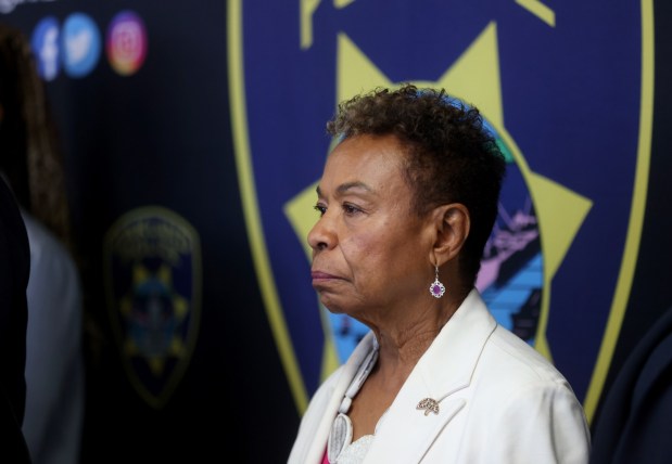 Mayor Barbara Lee listens during a press conference at police headquarters in downtown Oakland, Calif., on Monday, May 18, 2026. Three people died when a speeding pickup truck crashed into a crowd of people in East Oakland late Saturday, authorities said. (Jane Tyska/Bay Area News Group)