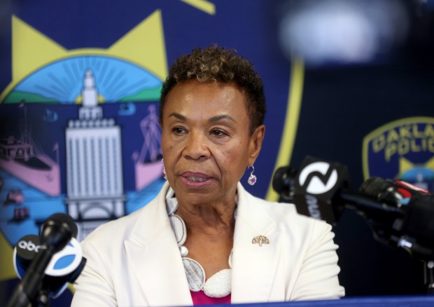 Mayor Barbara Lee speaks during a press conference at police headquarters in downtown Oakland, Calif., on Monday, May 18, 2026. Three people died when a speeding pickup truck crashed into a crowd of people in East Oakland late Saturday, authorities said. (Jane Tyska/Bay Area News Group)