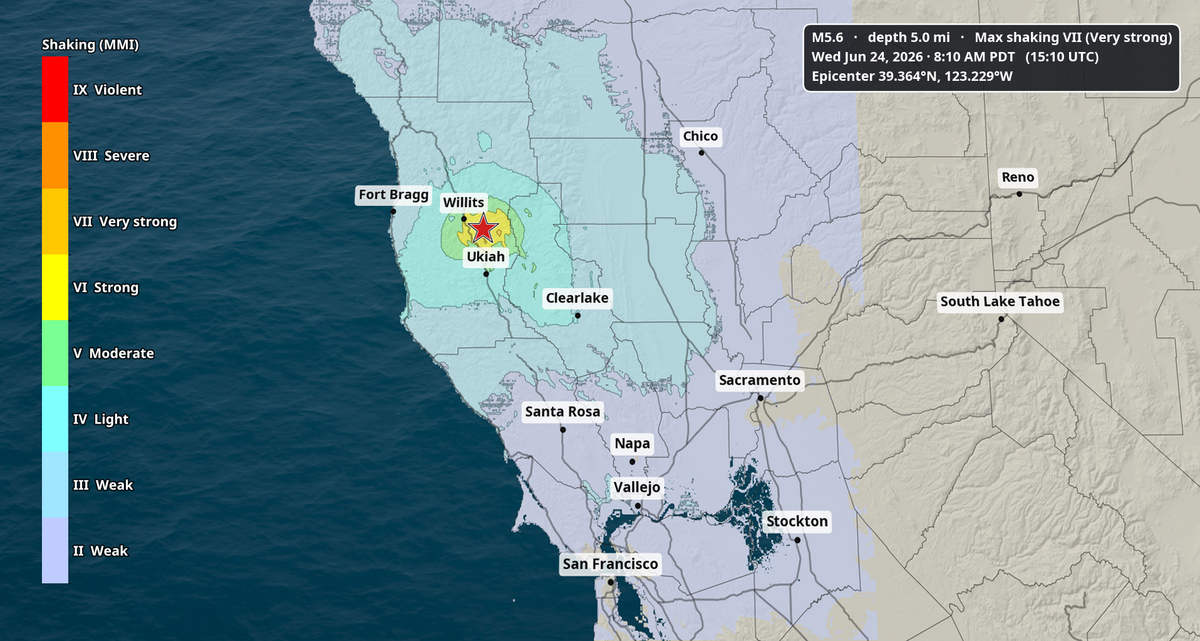 A map shows the shake intensity of the 5.6 magnitude earthquake between Willits and Ukiah on Wednesday, June 24, 2026.
