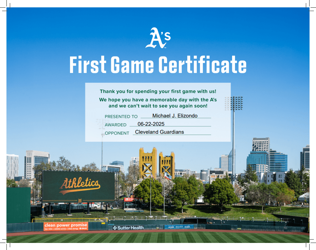 First Game Certificate - Sutter Health Park