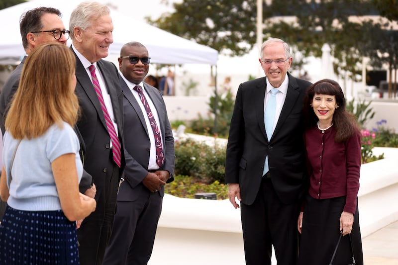 Elder Neil L. Andersen and Sister Kathy Andersen pose for a photo on the grounds of the San Diego California Temple during media day on Monday, June 15, 2026.
