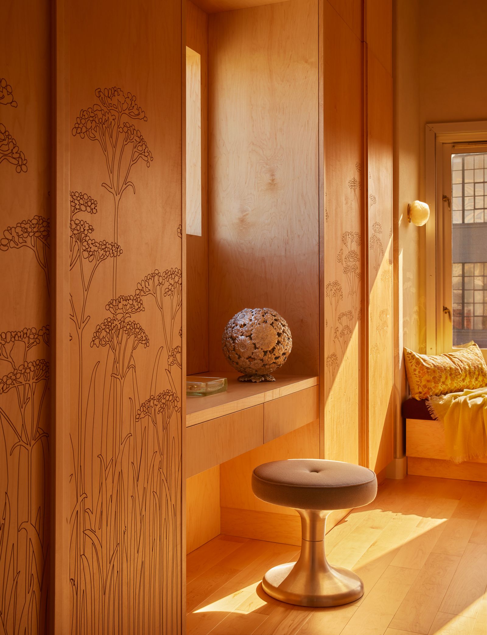 Image may contain Indoors Interior Design Wood Hardwood Stained Wood and Wood Panels