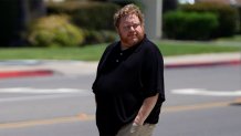 Frank Peavey, an online 'spellcaster' who goes by the name 'Tess Joy' walks out of the Chula Vista courthouse on June 10, 2026 after testifying in Larry Millete's murder trial.