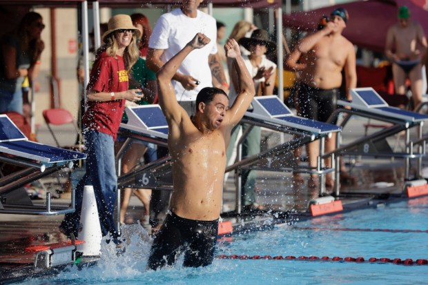 Poly senior Lucas Jue etched his name into the Moore League record books a few more times, setting a new meet and league record in the 500 Freestyle, a record he's been eyeing since his freshman year. (Photo by Tracey Roman)