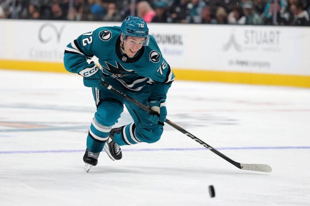 William Eklund skates with the puck at SAP Center in San Jose, California.