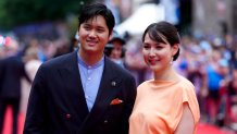 Shohei Ohtani #17 of the Los Angeles Dodgers and his wife Mamiko Tanaka walk on the red carpet ahead of the 2025 MLB All-Star Game at Truist Park on July 15, 2025 in Atlanta, Georgia.