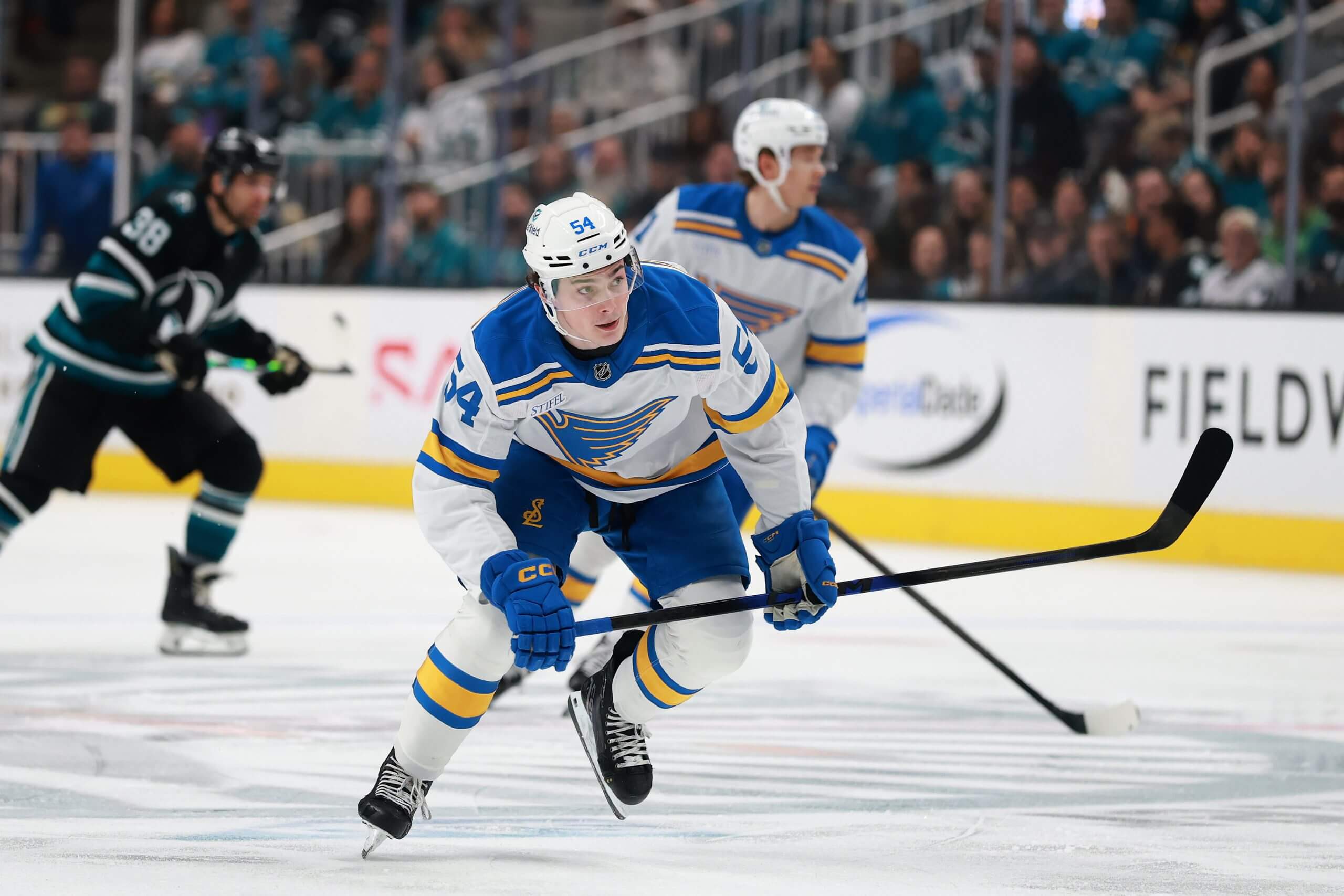 Dalibor Dvorsky of the St. Louis Blues skates against the San Jose Sharks.