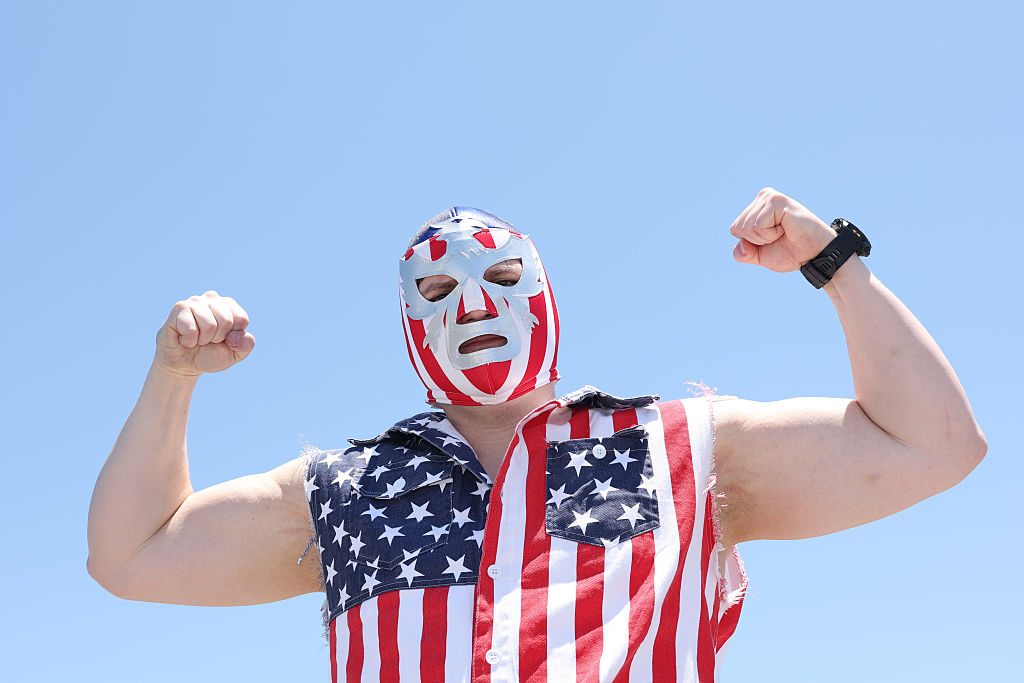LOS ANGELES, CALIFORNIA – JUNE 12: A United States fan arrives before the FIFA World Cup 2026 Group D match between USA and Paraguay at Los Angeles Stadium on June 12, 2026 in Los Angeles, California. (Photo by Stu Forster/Getty Images)