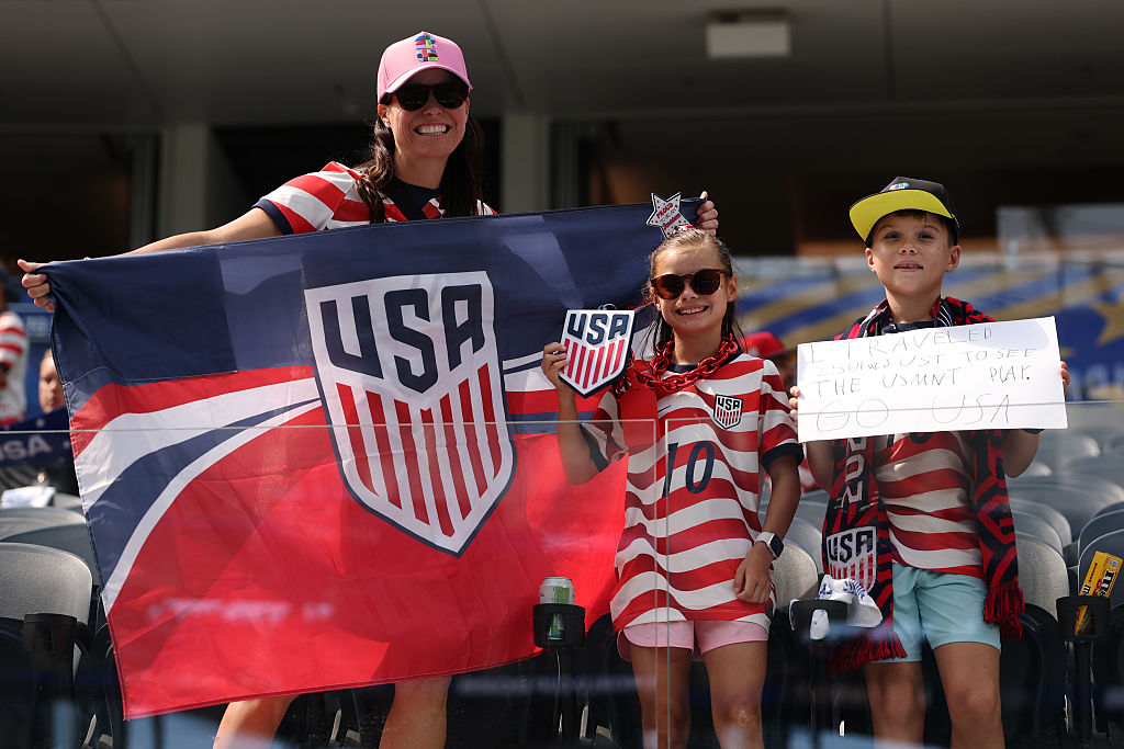 LOS ANGELES, CALIFORNIA – JUNE 12: Fans of USA arrive at the stadium before the FIFA World Cup 2026 Group D match between USA and Paraguay at Los Angeles Stadium on June 12, 2026 in Los Angeles, California. (Photo by Stu Forster/Getty Images)