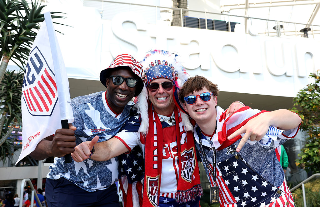 LOS ANGELES, CALIFORNIA – JUNE 12: Fans of USA arrive at the stadium before the FIFA World Cup 2026 Group D match between USA and Paraguay at Los Angeles Stadium on June 12, 2026 in Los Angeles, California. (Photo by Matt McNulty – FIFA/FIFA via Getty Images)