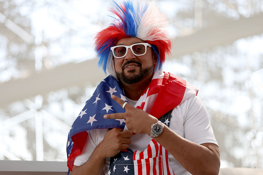 LOS ANGELES, CALIFORNIA – JUNE 12: A United States fan arrives before the FIFA World Cup 2026 Group D match between USA and Paraguay at Los Angeles Stadium on June 12, 2026 in Los Angeles, California. (Photo by Harry How/Getty Images)
