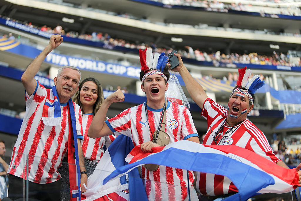 LOS ANGELES, CALIFORNIA – JUNE 12: Paraguay fans cheer prior to the FIFA World Cup 2026 Group D match between USA and Paraguay at Los Angeles Stadium on June 12, 2026 in Los Angeles, California. (Photo by Erin Chang/ISI Photos/ISI Photos via Getty Images)