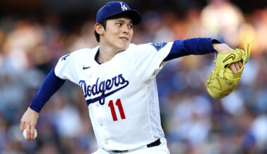 LOS ANGELES, CALIFORNIA - JUNE 19: Roki Sasaki #11 of the Los Angeles Dodgers pitches during the first inning against the Baltimore Orioles at Dodger Stadium on June 19, 2026 in Los Angeles, California.