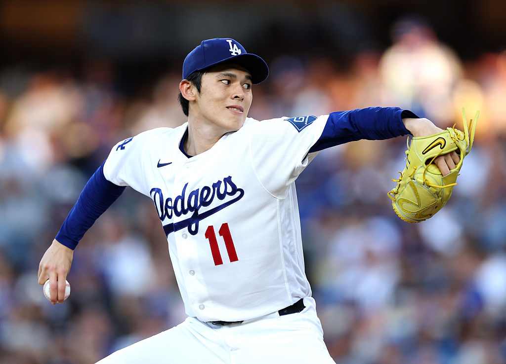LOS ANGELES, CALIFORNIA - JUNE 19: Roki Sasaki #11 of the Los Angeles Dodgers pitches during the first inning against the Baltimore Orioles at Dodger Stadium on June 19, 2026 in Los Angeles, California.