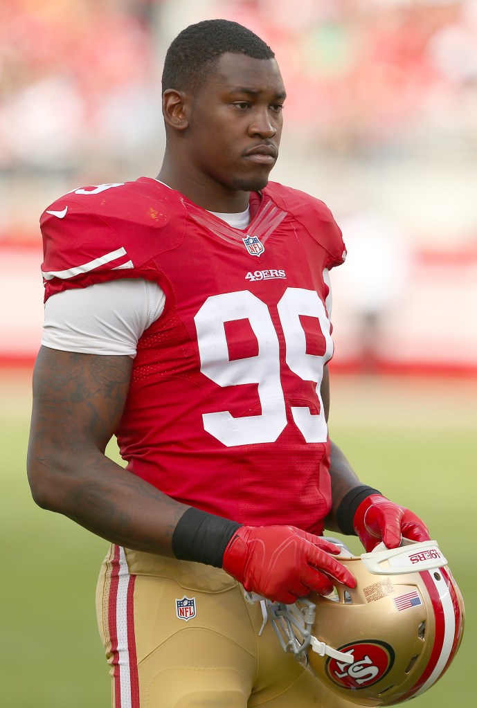 Aldon Smith of the San Francisco 49ers during an NFL game between the Niners and the Washington Redskins at Levi's Stadium in Santa Clara, CA.