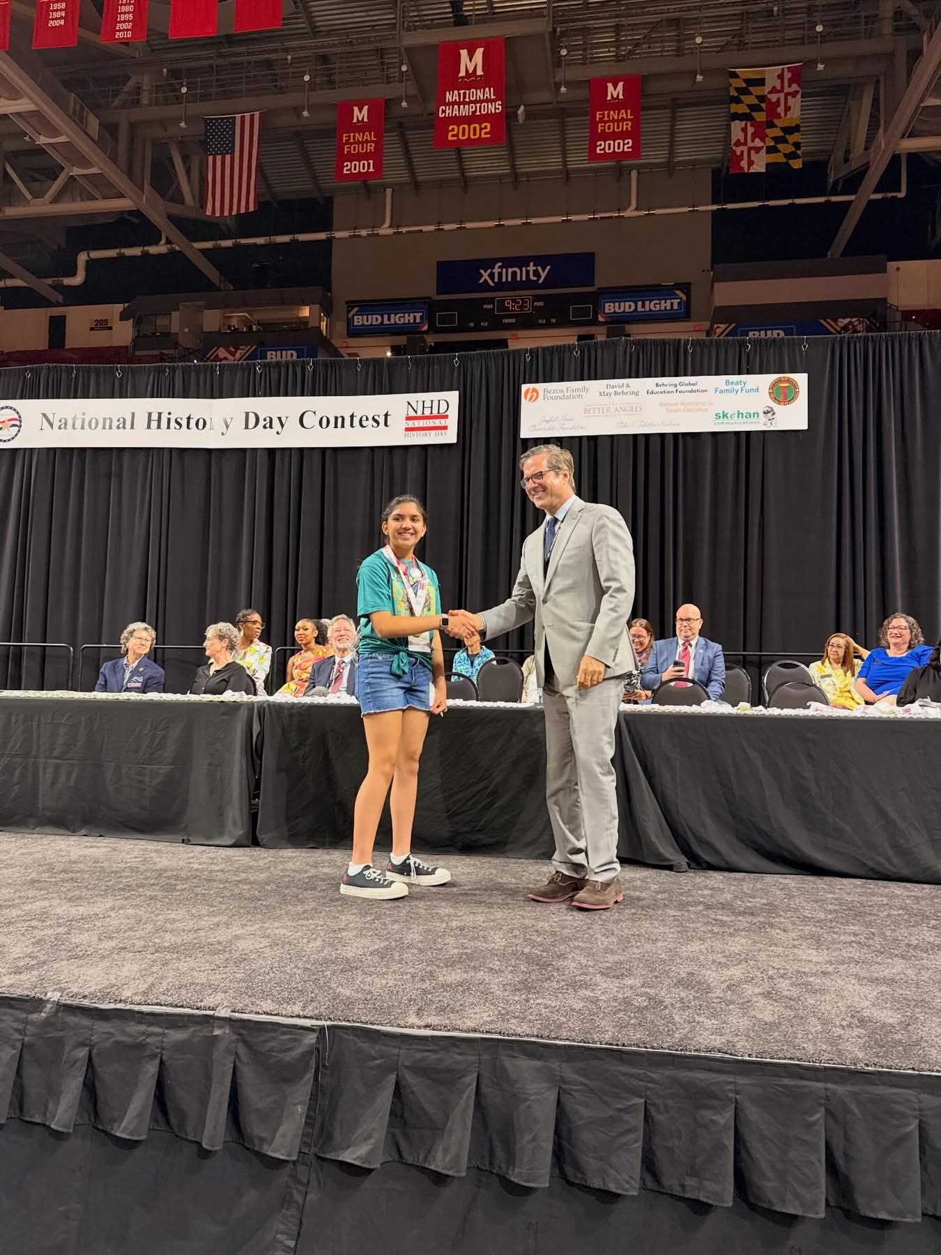 Northwood High School student Yesha Gupta is recognized during the awards ceremony at the 2026 National History Day National Contest at the University of Maryland.