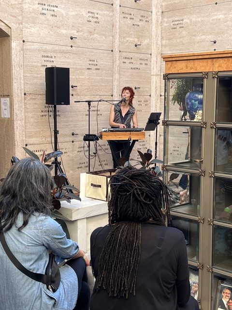 Majel Connery plays a synthesizer last June 21 at the 2025 Garden of Memory event in Oakland's Chapel of the Chimes. Connery is scheduled to return this year. (photo courtesy of Keith Mattingly)