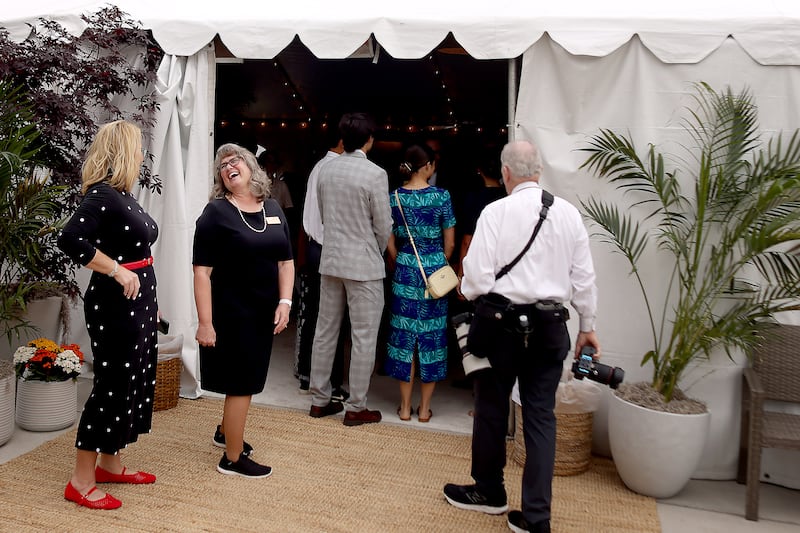 People enter a tent on the grounds of the San Diego California Temple for media day on Monday, June 15, 2026.