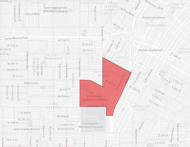 A map shaded in red showing a precinct in University Park that includes the University Park campus and nearby student housing facilites.